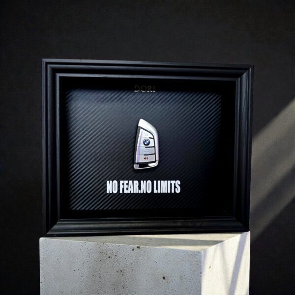 Automobilio raktelio dekoratyvinis paveikslas su anglies pluošto fonu ir užrašu „No Fear. No Limits“