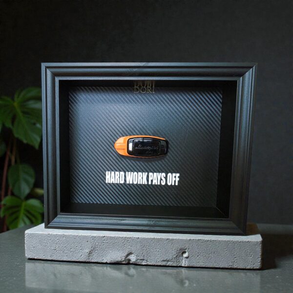 Automobilio raktelio dekoratyvinis paveikslas su anglies pluošto fonu ir užrašu „Hard Work Pays Off“