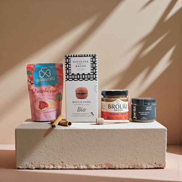 DORI gurmaniškas rinkinys su braškėmis baltame šokolade, itališkais Baci di Dama sausainiais, Brolių rudens žiedų medumi ir kivio skonio arbata, fotografuotas šiltame minimalistiniame fone su cinamono lazdelėmis.