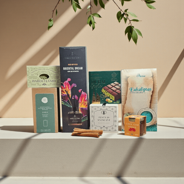 DORI gurmaniškas rinkinys su kvapų difuzoriumi, dubajaus šokoladu, vonios druska ir muilu, fotografuotas šiltame minimalistiniame fone su kabančiais žalumynais.