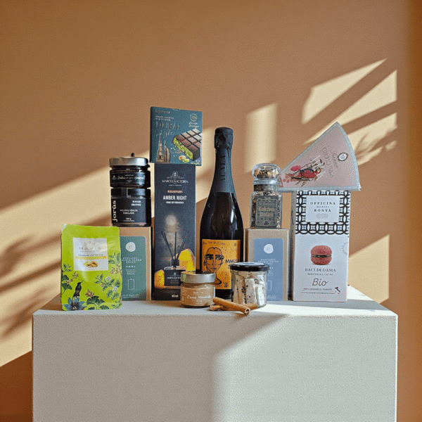 DORI gurmaniškas rinkinys su putojančiu vynu, difuzoriumi, šokoladu, arbata, užtepėlėmis ir saldumynais, estetiškai sudėliotas ant faktūrinės platformos šiltame minimalistiniame fone.