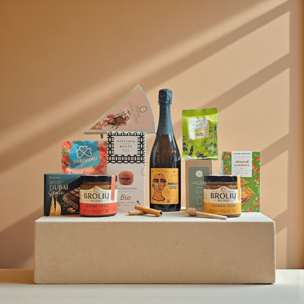 DORI gurmaniškas rinkinys su putojančiu vynu, šokoladu, skanėstais, arbata ir medumi, estetiškai sudėliotas ant faktūrinės platformos šiltame minimalistiniame fone.