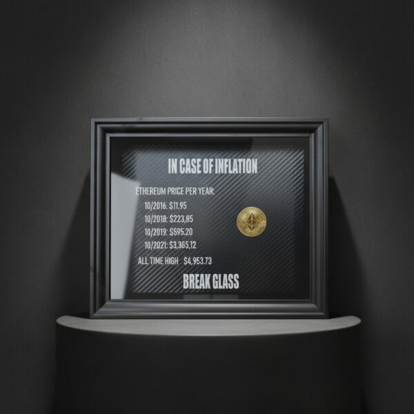 Ethereum rėmelis „In Case of Inflation“ su auksine ETH moneta ir kainų istorija