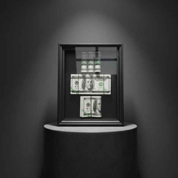Money 3X paveikslas su dolerių kompozicija juodame rėme, modernus finansinės sėkmės interjero akcentas